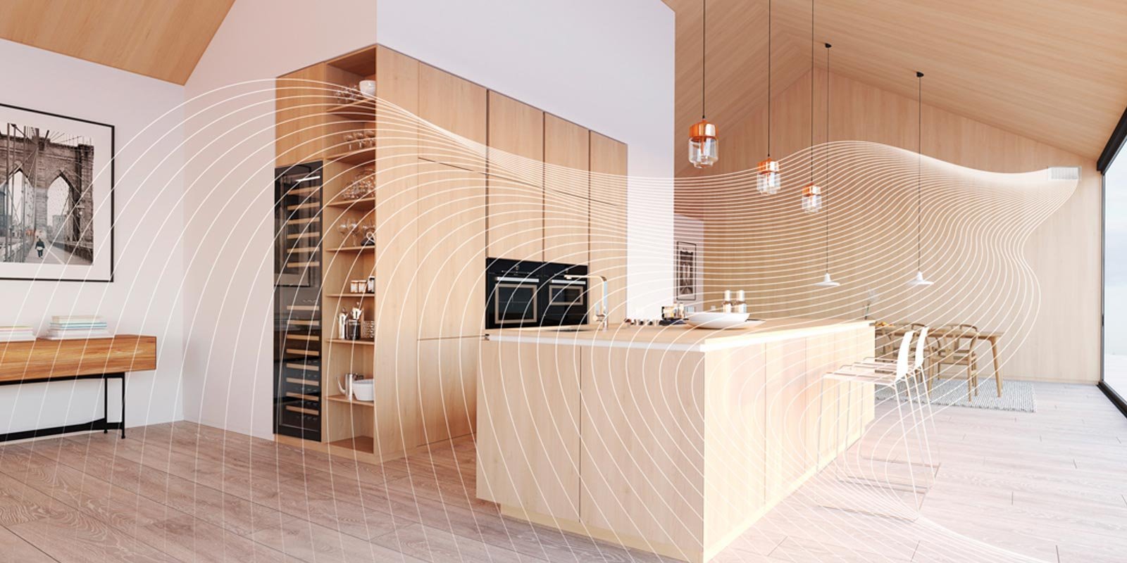 Eine grosse Kueche mit einem Essbereich